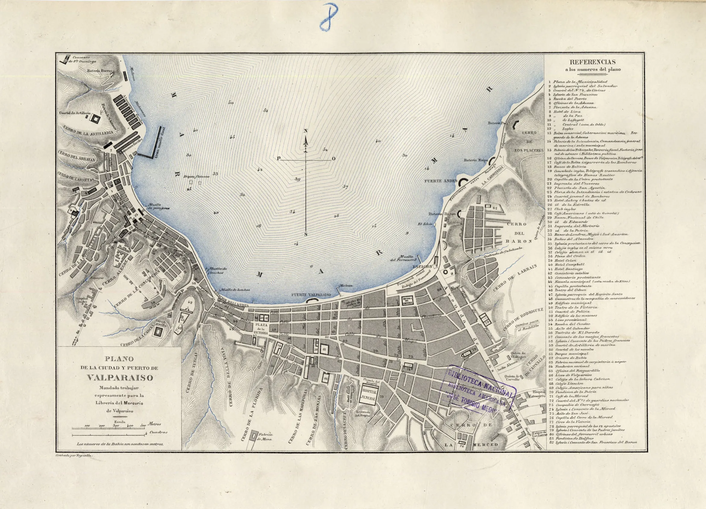 Plano de la ciudad y puerto de Valparaíso, mandado a trabajar para la librería del Mercurio. Fuente: memoriachilena.cl