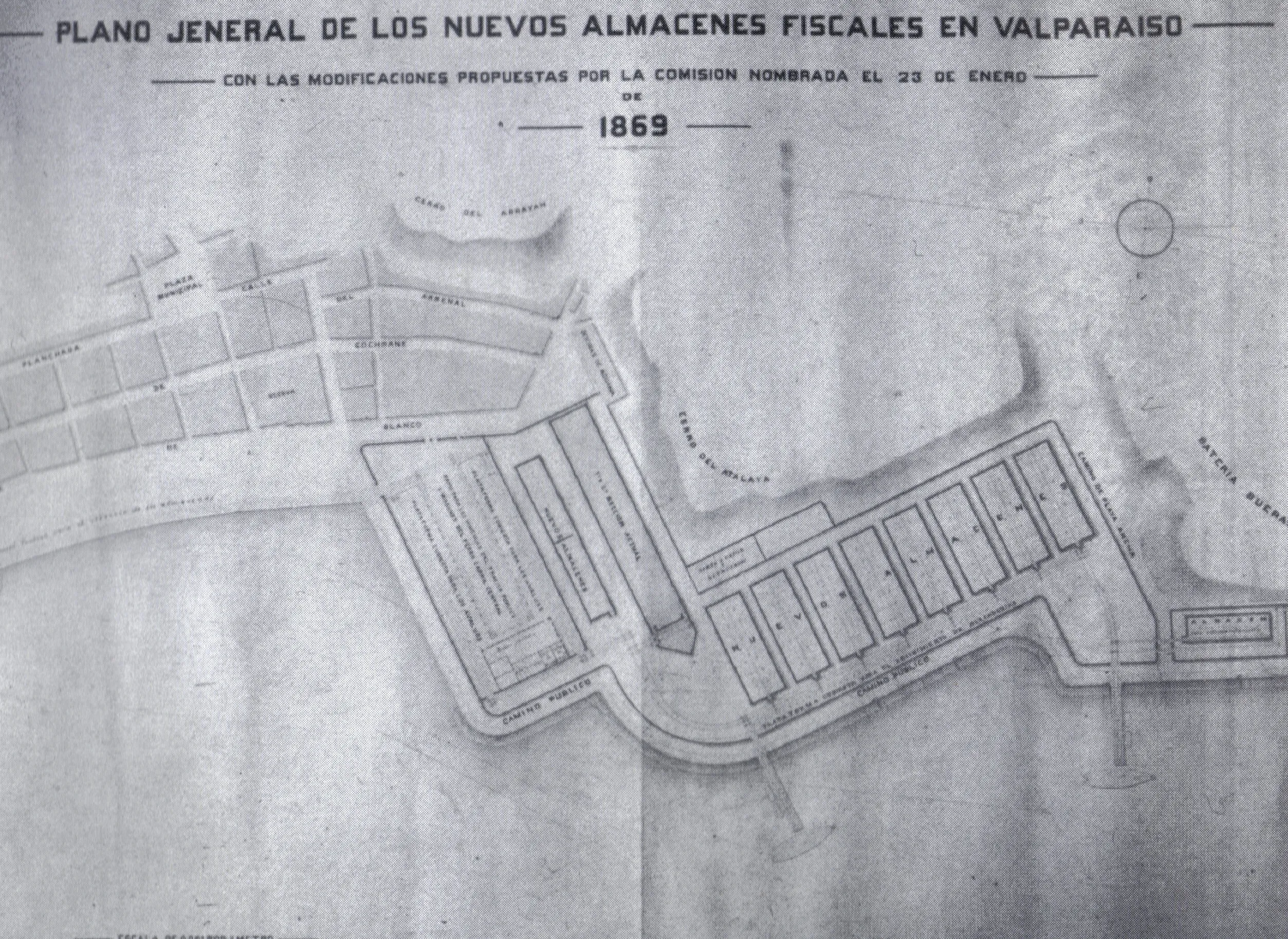 Plano General de los Nuevos Almacenes Fiscales de Manuel Aldunate, Memorias de Hacienda 1876 de Libro Almacenes Fiscales de Valparaíso: su historia y evolución. 