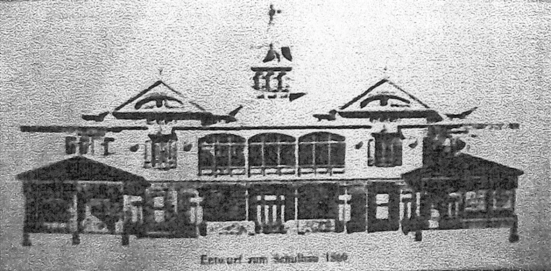 Dibujo de la fachada del primer edificio del Colegio Alemán, 1869 Fuente: Archivo Nacional