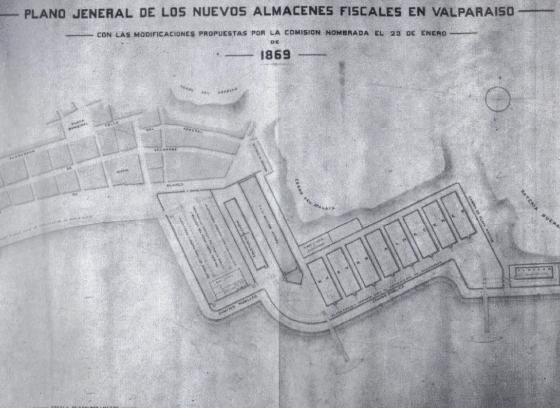 Plano General de los Nuevos Almacenes Fiscales de Manuel Aldunate, Memorias de Hacienda 1876 de Libro Almacenes Fiscales de Valparaíso: su historia y evolución. 